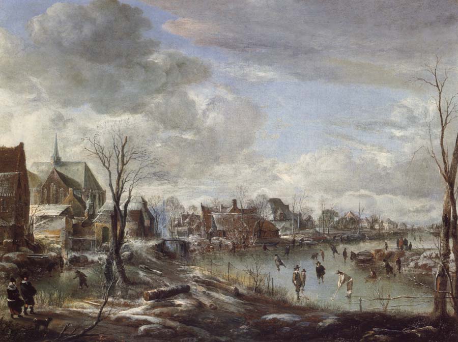 A Frozen River Near a Village,with Golfers and Skaters